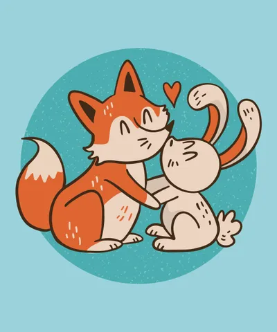 Cute fox and rabbit kiss