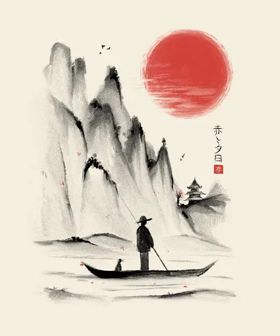 Japanese Mountain and Boat Landscape