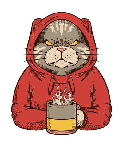 Angry Cat with Hoodie and Coffee
