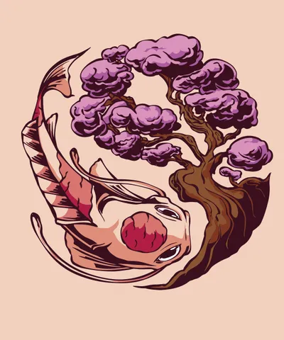 Yin Yang Koi Fish and Sakura Tree